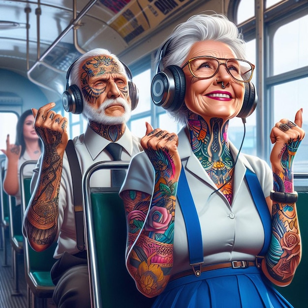 Arte vectorial hiperrealista colorido abuela feliz riendo escuchando música autobús bailando tatuaje