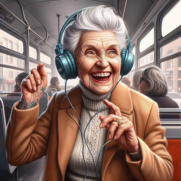 PSD arte vectorial hiperrealista colorido abuela feliz riendo escuchando música autobús bailando tatuaje