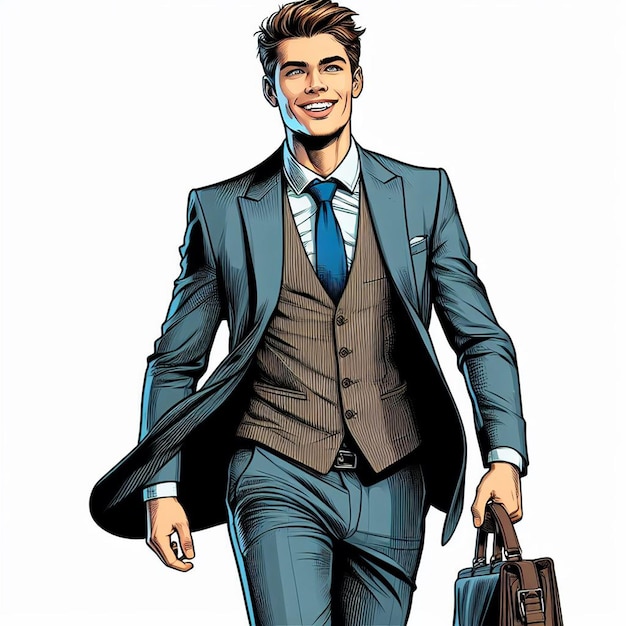 Arte vectorial hiperrealista hombre de moda que camina hombre de negocios en traje fondo blanco aislado