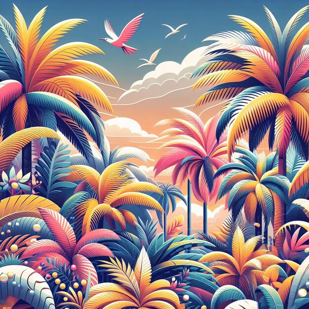 PSD arte vectorial hiperrealista ilustración de la palma tropical del caribe, el coco, la palmera, el póster de la playa al atardecer