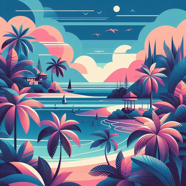 Arte vectorial hiperrealista ilustración de la palma tropical del caribe, el coco, la palmera, el póster de la playa al atardecer