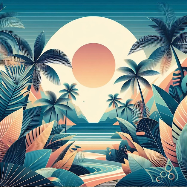 PSD arte vectorial hiperrealista ilustración de la palma tropical del caribe, el coco, la palmera, el póster de la playa al atardecer