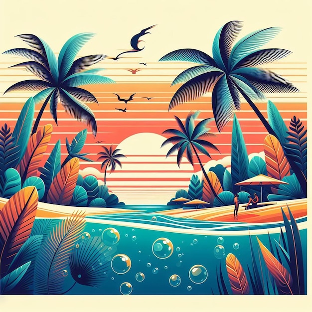 Arte vectorial hiperrealista ilustración de la palma tropical del caribe, el coco, la palmera, el póster de la playa al atardecer