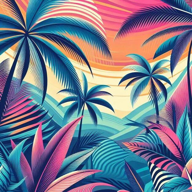 PSD arte vectorial hiperrealista ilustración de la palma tropical del caribe, el coco, la palmera, el póster de la playa al atardecer