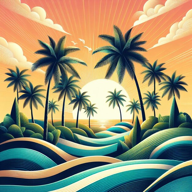 Arte vectorial hiperrealista ilustración de la palma tropical del caribe, el coco, la palmera, el póster de la playa al atardecer