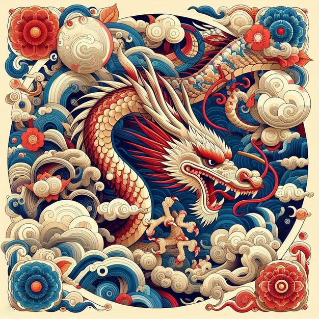 PSD arte vectorial hiperrealista ilustración tradicional china patrón de dragón japonés cartel de textura