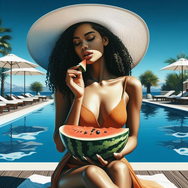 PSD arte vectorial hiperrealista joven femenina de moda bañándose en la piscina melón aislado sobre un fondo blanco