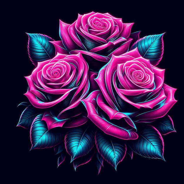 PSD arte vectorial hiperrealista de moda bouquet de color rosa festivo rosas de color neón flores aisladas negras