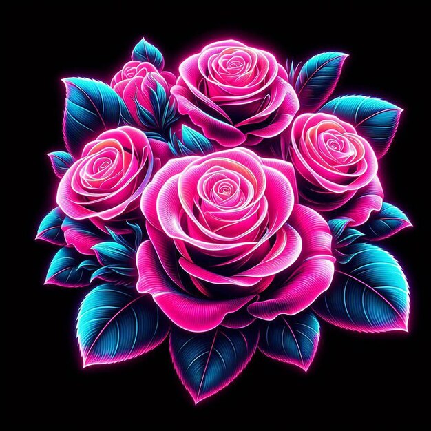 PSD arte vectorial hiperrealista de moda bouquet de color rosa festivo rosas de color neón flores aisladas negras