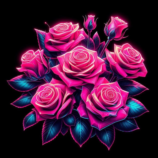 Arte vectorial hiperrealista de moda bouquet de color rosa festivo rosas de color neón flores aisladas negras