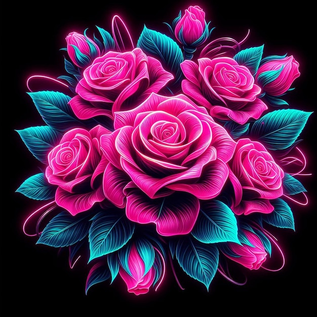 PSD arte vectorial hiperrealista de moda bouquet de color rosa festivo rosas de color neón flores aisladas negras