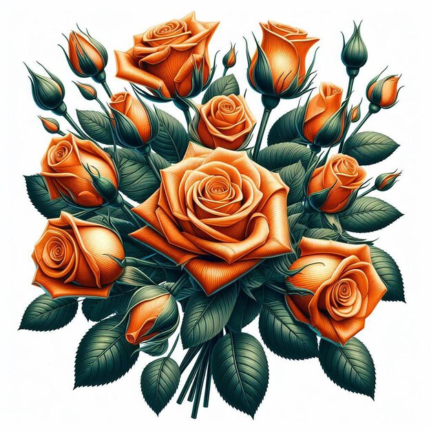 PSD arte vectorial hiperrealista de moda bouquet de naranja festivo rosas de color neón flores aisladas negras