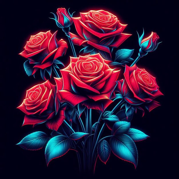 Arte vectorial hiperrealista de moda bouquet rojo festivo rosas de color neón flores aisladas negras