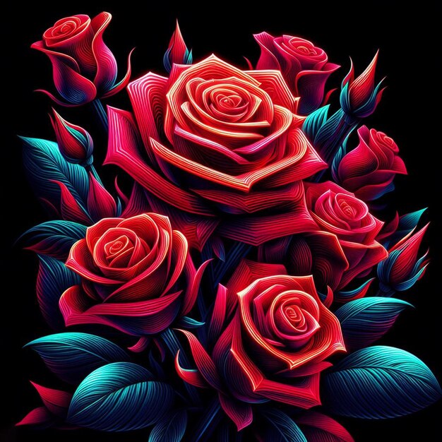 PSD arte vectorial hiperrealista de moda bouquet rojo festivo rosas de color neón flores aisladas negras