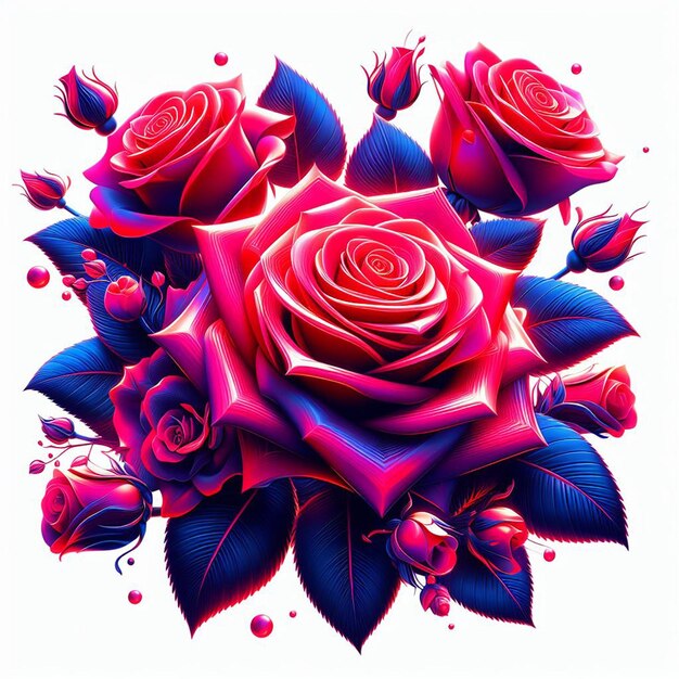 PSD arte vectorial hiperrealista de moda bouquet rojo festivo rosas de color neón flores aisladas negras