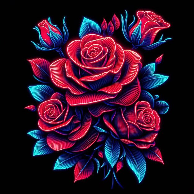 PSD arte vectorial hiperrealista de moda bouquet rojo festivo rosas de color neón flores aisladas negras