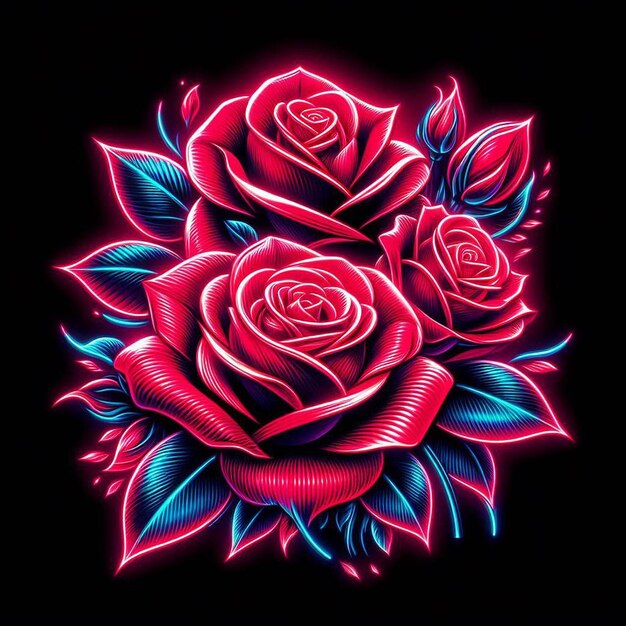 Arte vectorial hiperrealista de moda bouquet rojo festivo rosas de color neón flores aisladas negras