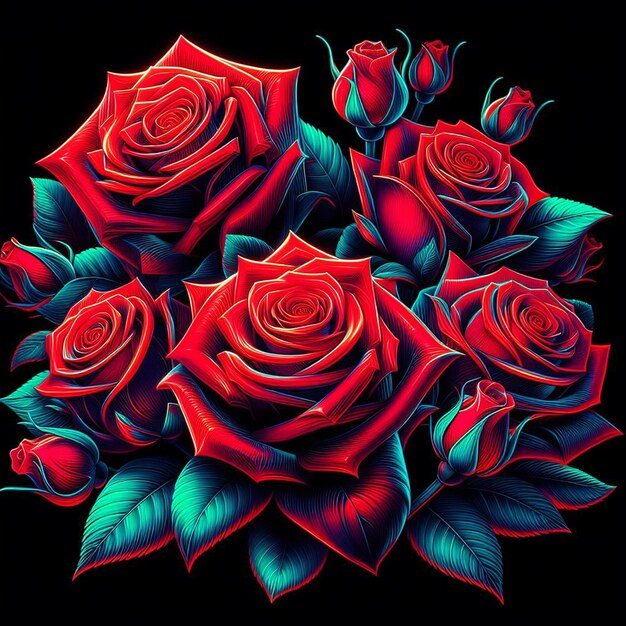 PSD arte vectorial hiperrealista de moda bouquet rojo festivo rosas de color neón flores aisladas negras