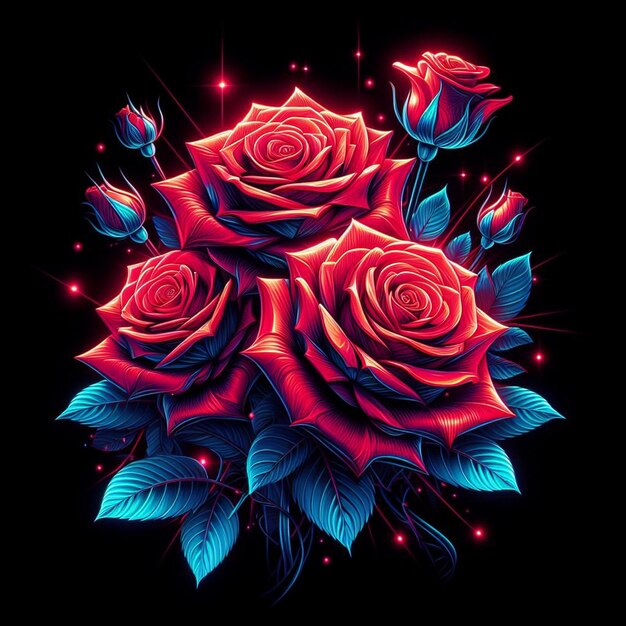 PSD arte vectorial hiperrealista de moda bouquet rojo festivo rosas de color neón flores aisladas negras