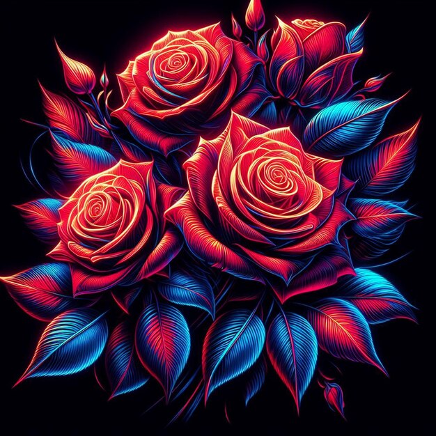 PSD arte vectorial hiperrealista de moda bouquet rojo festivo rosas de color neón flores aisladas negras