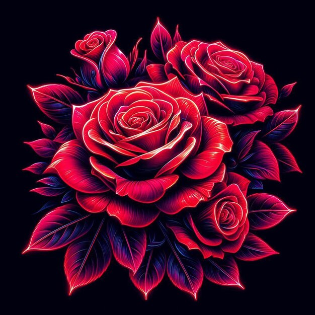 Arte vectorial hiperrealista de moda bouquet rojo festivo rosas de color neón flores aisladas negras