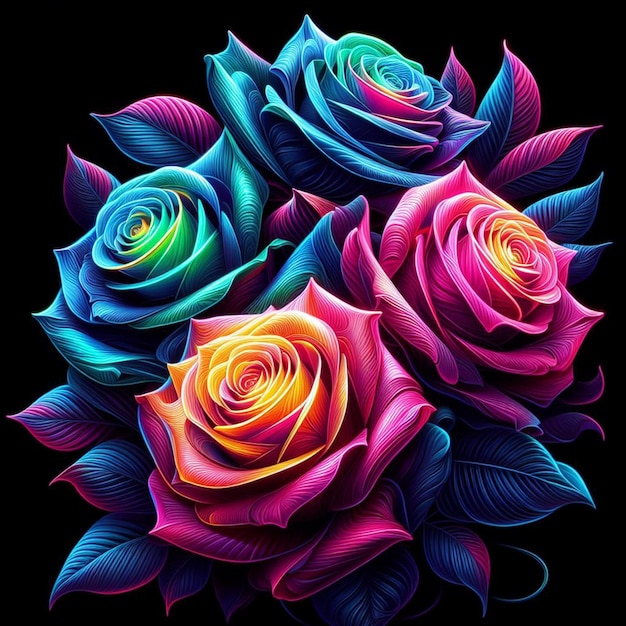 Arte vectorial hiperrealista de moda bouquet rojo festivo rosas de color neón flores aisladas negras