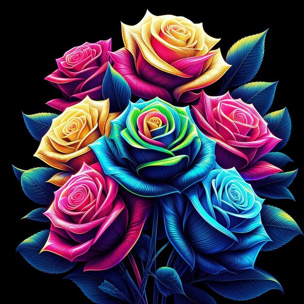 PSD arte vectorial hiperrealista de moda bouquet rojo festivo rosas de color neón flores aisladas negras