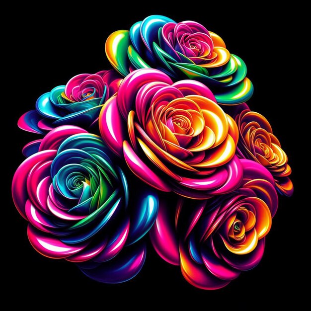 PSD arte vectorial hiperrealista de moda bouquet rojo festivo rosas de color neón flores aisladas negras