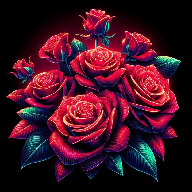 PSD arte vectorial hiperrealista de moda bouquet rojo festivo rosas de color neón flores aisladas negras