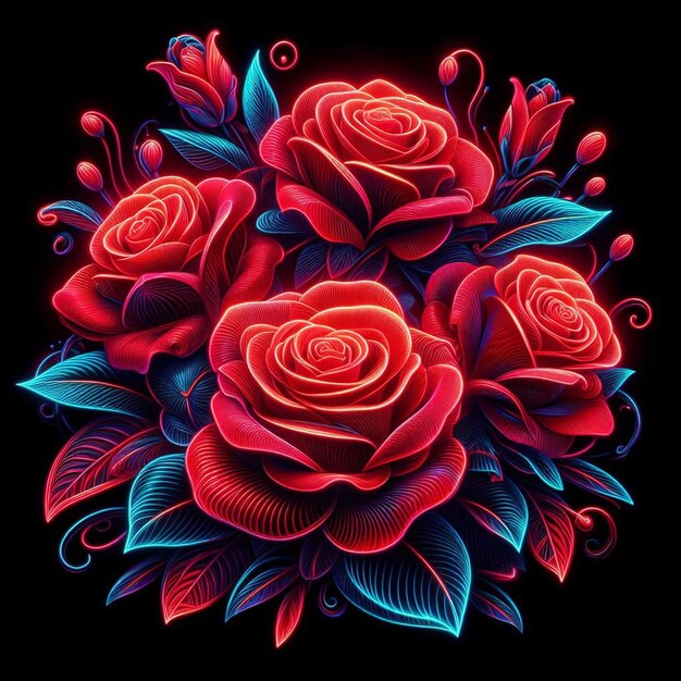 PSD arte vectorial hiperrealista de moda bouquet rojo festivo rosas de color neón flores aisladas negras