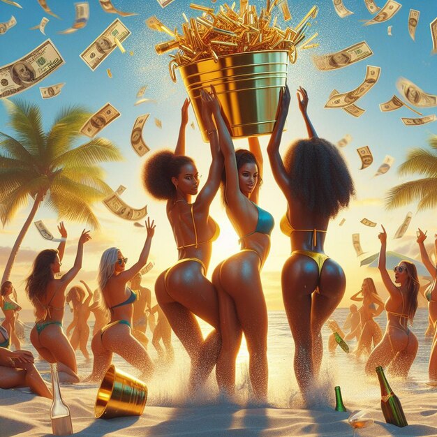PSD arte vectorial hiperrealista mujer bonita bikini reina de las compras desperdicio de dinero papel pintado de dólar