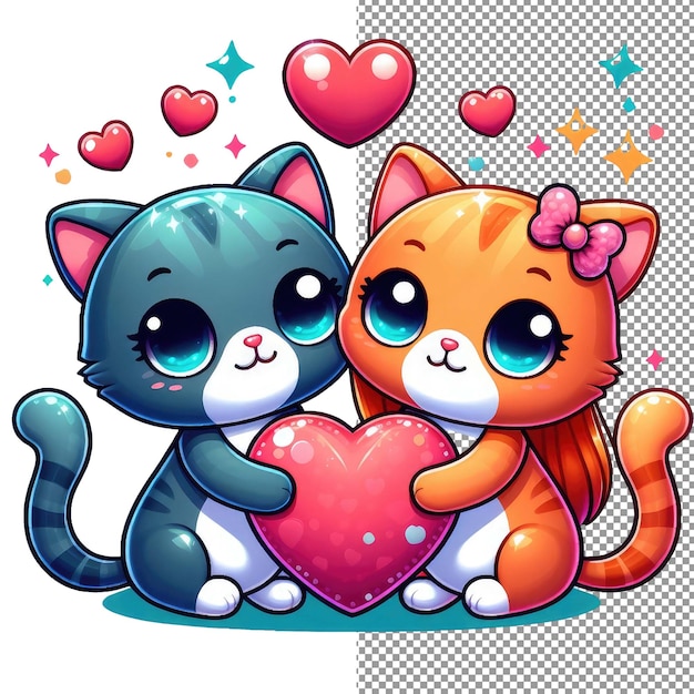 PSD arte vectorial de romance con bigotes de una adorable pareja de animales sosteniendo un corazón