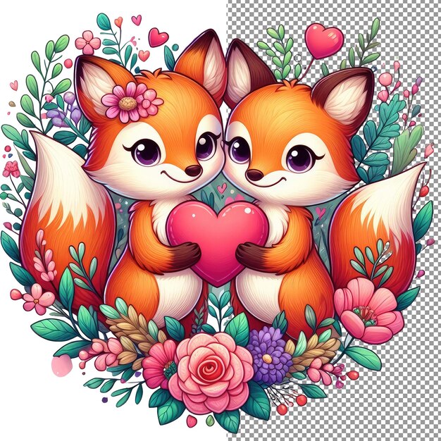 Arte vectorial de romance con bigotes de una adorable pareja de animales sosteniendo un corazón