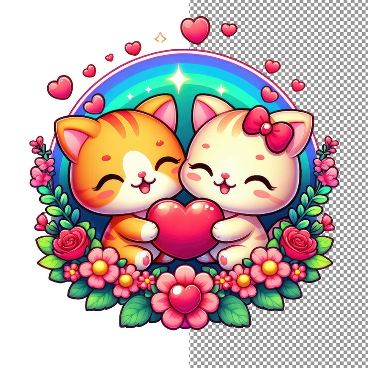 PSD arte vectorial de romance con bigotes de una adorable pareja de animales sosteniendo un corazón