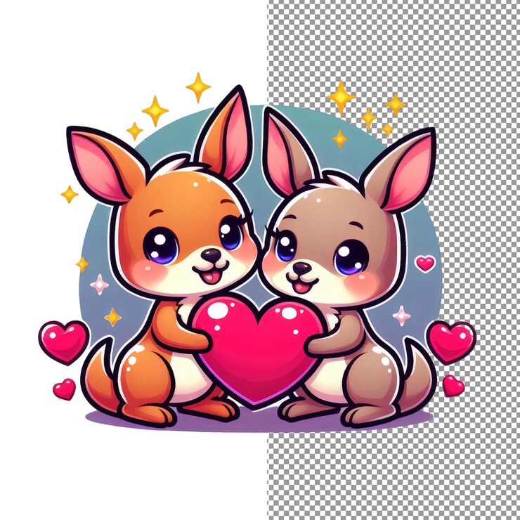 PSD arte vectorial de romance con bigotes de una adorable pareja de animales sosteniendo un corazón