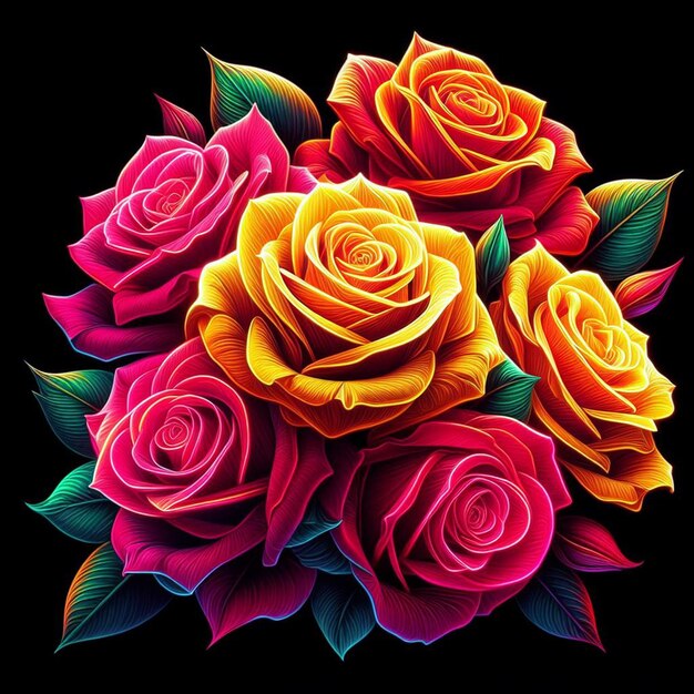 PSD arte vetorial hiper-realista moda festiva buquê vermelho néon rosas coloridas flores isoladas preto