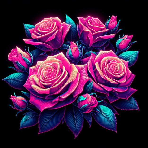 PSD arte vetorial hiper-realista moderno buquê rosa festivo rosas coloridas de néon flores isoladas pretas