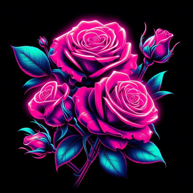 Arte vetorial hiper-realista moderno buquê rosa festivo rosas coloridas de néon flores isoladas pretas