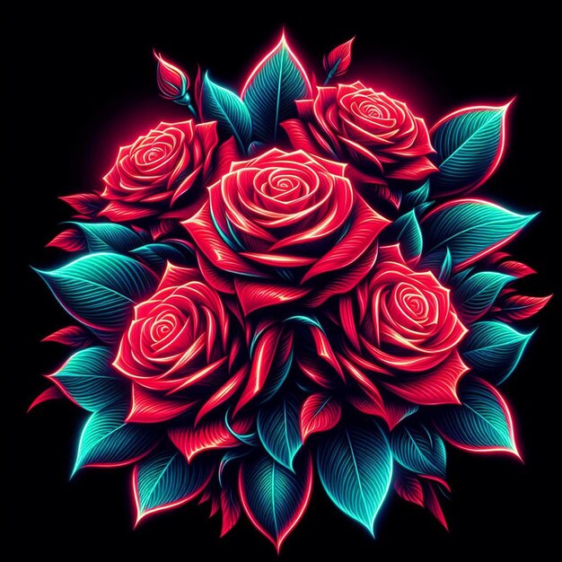 Arte vetorial hiper-realista moderno buquê vermelho festivo rosas de cor néon flores isoladas pretas