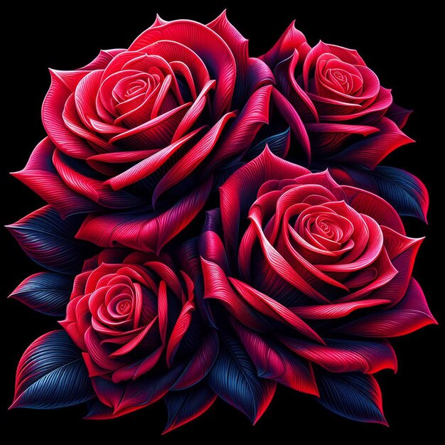 Arte vetorial hiper-realista moderno buquê vermelho festivo rosas de cor néon flores isoladas pretas