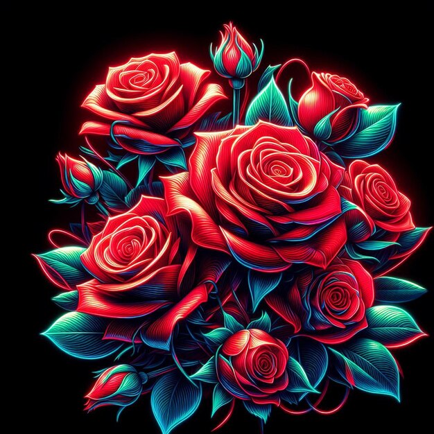 PSD arte vetorial hiper-realista moderno buquê vermelho festivo rosas de cor néon flores isoladas pretas