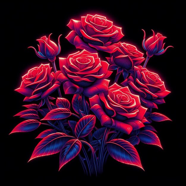 PSD arte vetorial hiper-realista moderno buquê vermelho festivo rosas de cor néon flores isoladas pretas