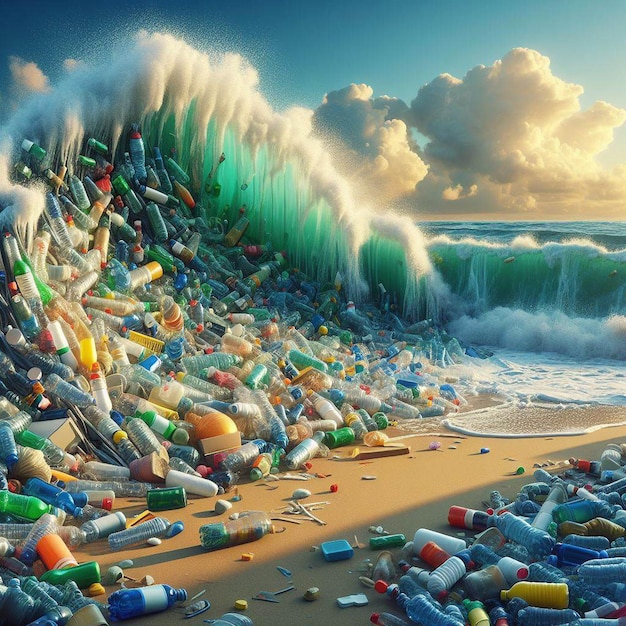 PSD arte vetorial hiper-realista resíduos marinhos poluição plástica lixo do mar clima feio