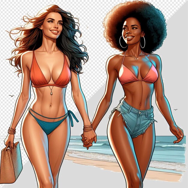 Arte vetorial hiperrealista ilustração da diversidade feminina irmandade amizade praia pôr do sol oceano