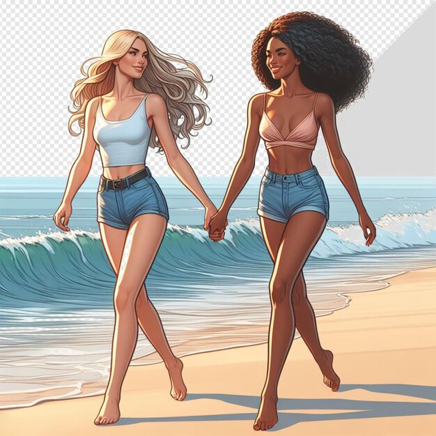 PSD arte vetorial hiperrealista ilustração da diversidade feminina irmandade amizade praia pôr do sol oceano