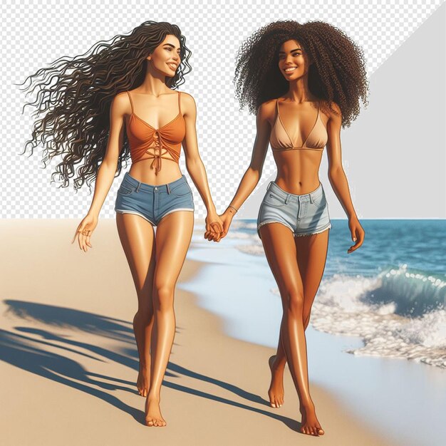 PSD arte vetorial hiperrealista ilustração da diversidade feminina irmandade amizade praia pôr do sol oceano