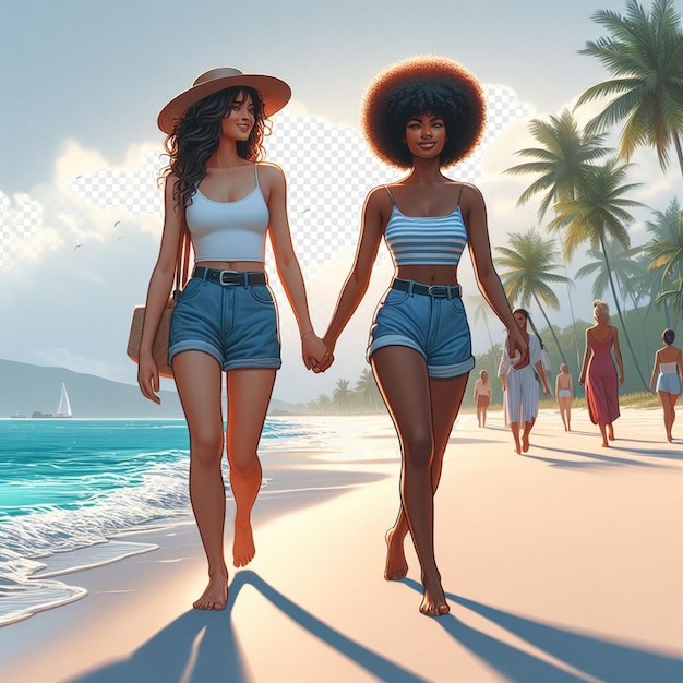 PSD arte vetorial hiperrealista ilustração da diversidade feminina irmandade amizade praia pôr do sol oceano