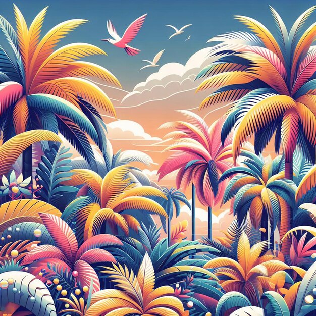 PSD arte vetorial hiperrealista ilustração de palmeira tropical do caribe, coco, palmeira de praia e pôster de pôr-do-sol