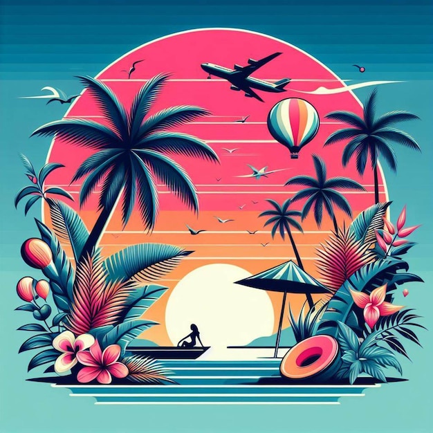 PSD arte vetorial hiperrealista ilustração de palmeira tropical do caribe, coco, palmeira de praia e pôster de pôr-do-sol