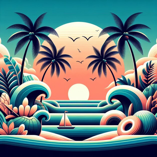 PSD arte vetorial hiperrealista ilustração de palmeira tropical do caribe, coco, palmeira de praia e pôster de pôr-do-sol